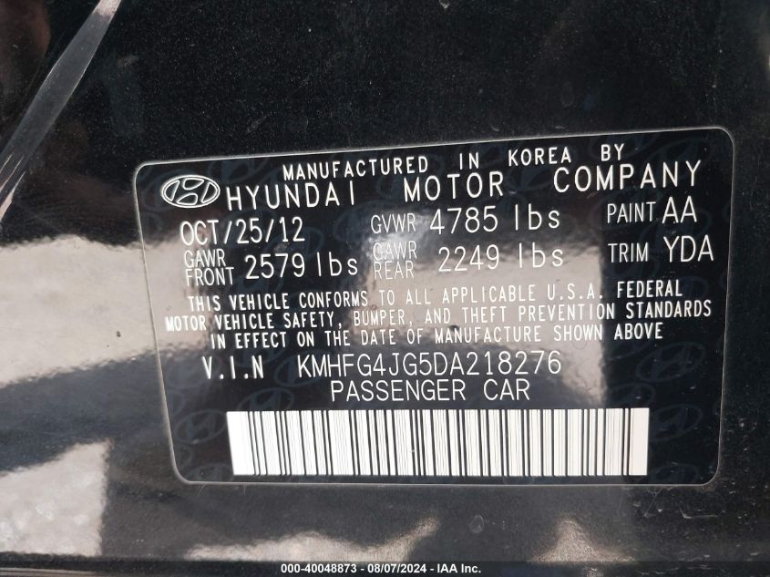 2013 Hyundai Azera VIN: KMHFG4JG5DA218276 Lot: 40048873