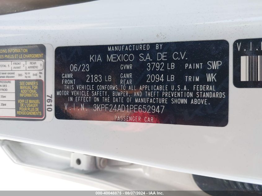 2023 Kia Forte Lxs VIN: 3KPF24AD1PE652947 Lot: 40048875