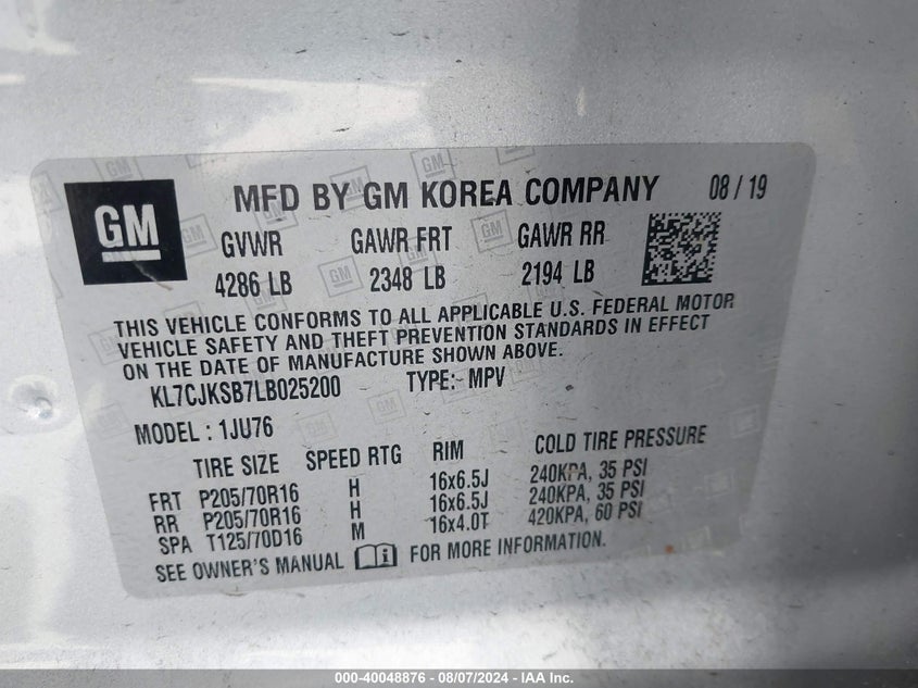 2020 CHEVROLET TRAX FWD LS - KL7CJKSB7LB025200