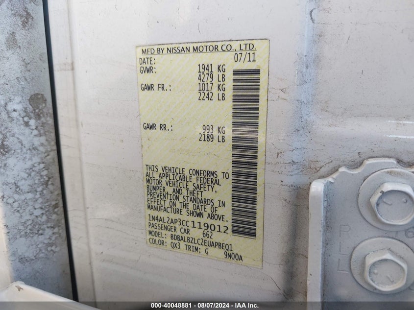 1N4AL2AP3CC119012 2012 Nissan Altima 2.5 S