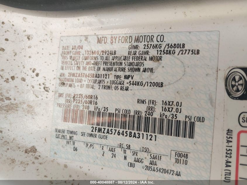 2005 Ford Freestar Ses VIN: 2FMZA57645BA31121 Lot: 40048887