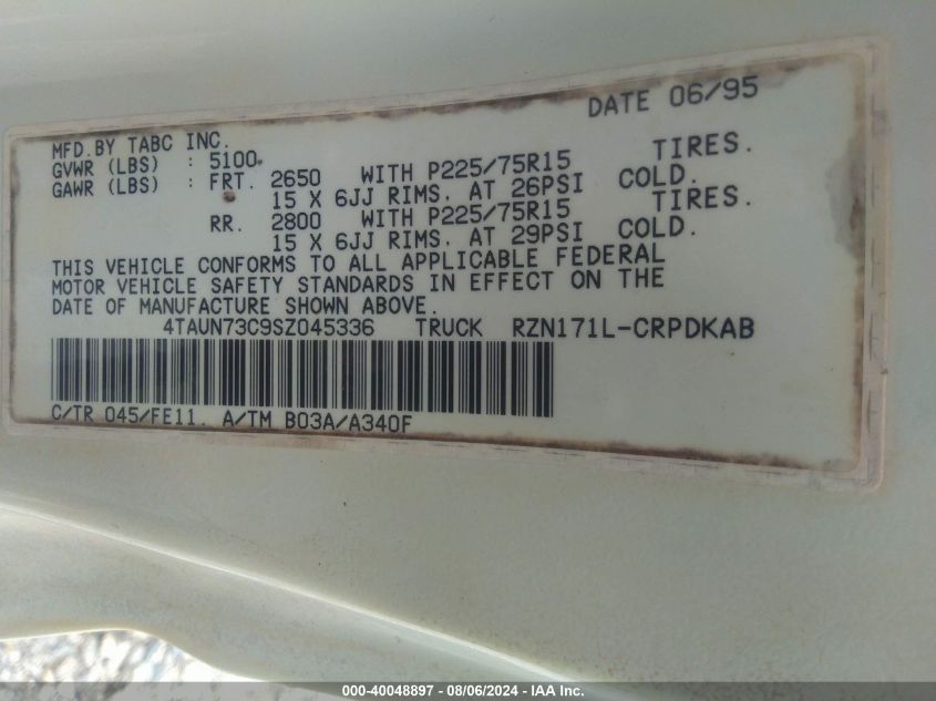 1995 Toyota Tacoma VIN: 4TAUN73C9SZ045336 Lot: 40048897