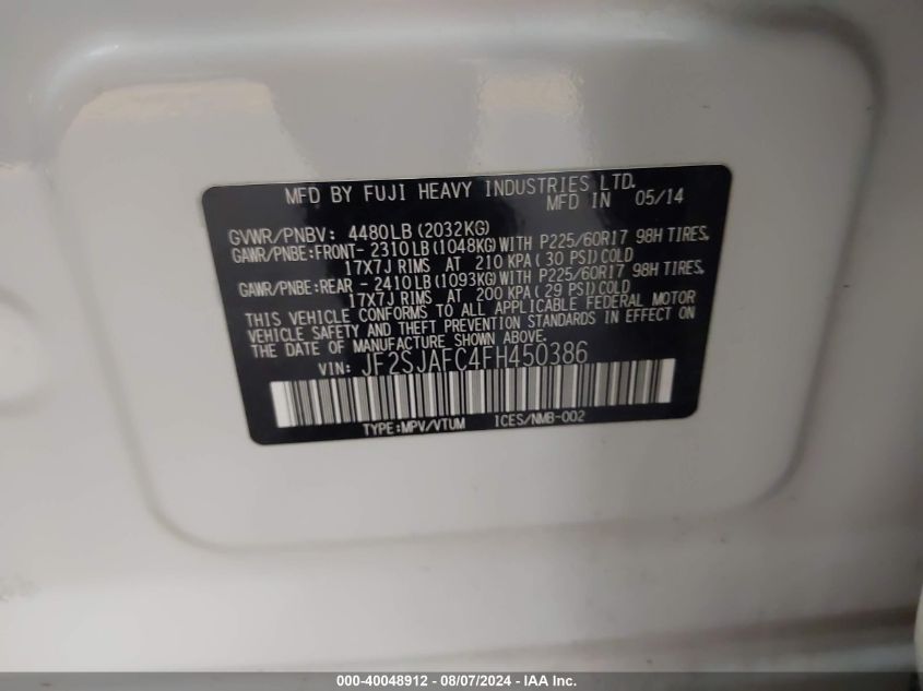 2015 Subaru Forester 2.5I Premium VIN: JF2SJAFC4FH450386 Lot: 40048912