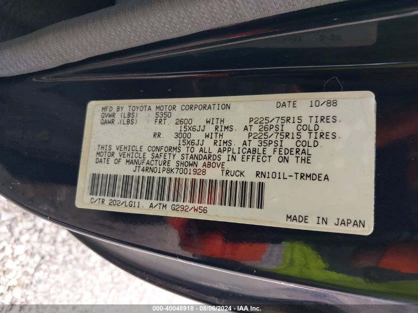 1989 Toyota Pickup VIN: JT4RN01P8K7001928 Lot: 40048918