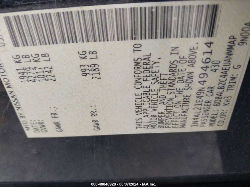 2009 Nissan Altima 2.5 S VIN: 1N4AL21E49N494614 Lot: 40048928