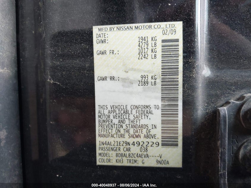 2009 Nissan Altima 2.5 S VIN: 1N4AL21E29N492229 Lot: 40048937