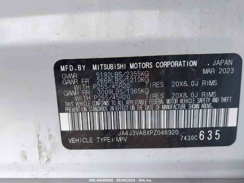 2023 Mitsubishi Outlander Sel 2.5 2Wd VIN: JA4J3VA8XPZ046920 Lot: 40048940