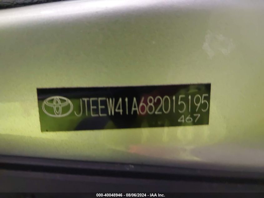 2008 Toyota Highlander Hybrid VIN: JTEEW41A682015195 Lot: 40048946