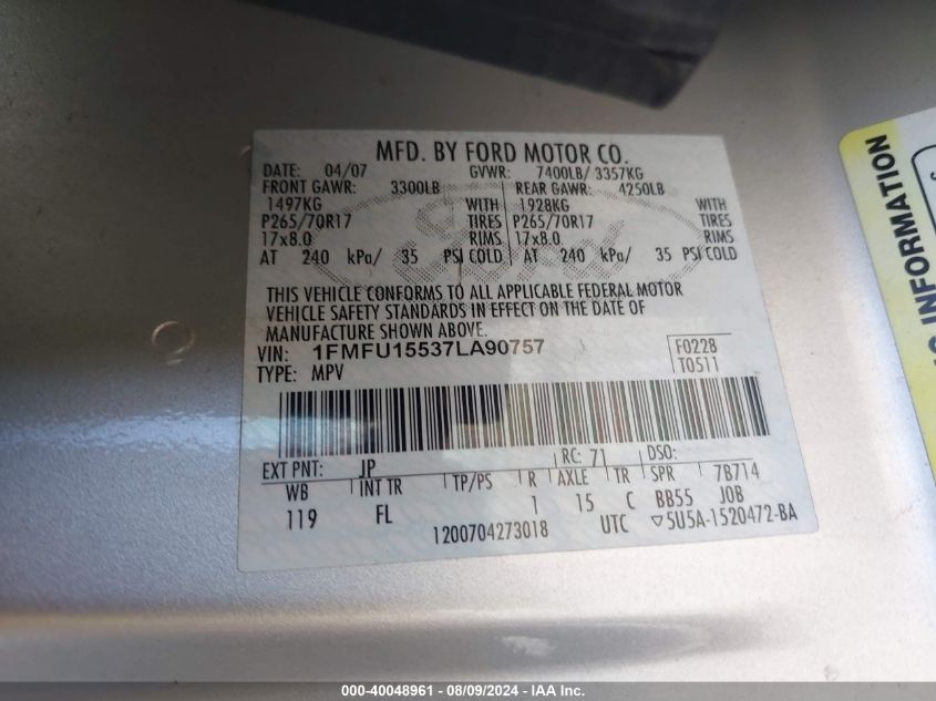 2007 Ford Expedition Xlt VIN: 1FMFU15537LA90757 Lot: 40048961