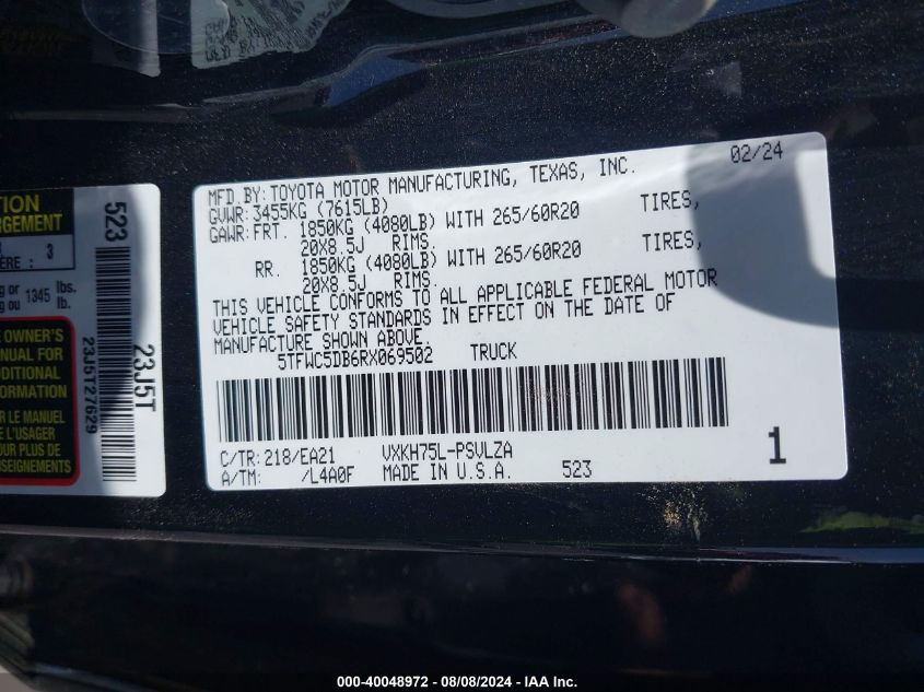 2024 Toyota Tundra Hybrid Limited VIN: 5TFWC5DB6RX069502 Lot: 40048972