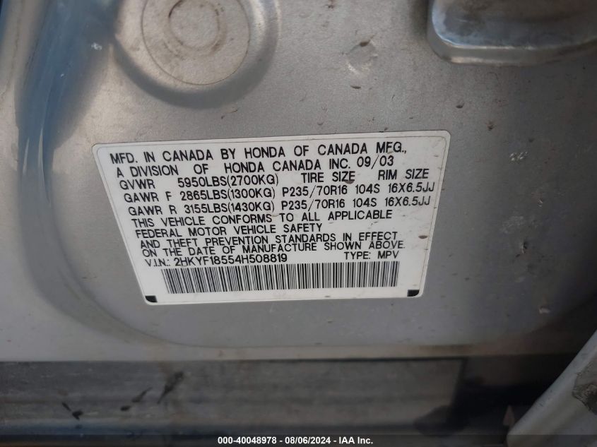 2004 Honda Pilot Ex-L VIN: 2HKYF18554H508819 Lot: 40048978