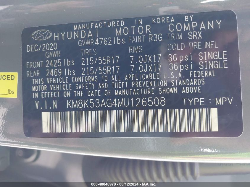 2021 Hyundai Kona Ultimate VIN: KM8K53AG4MU126508 Lot: 40048979