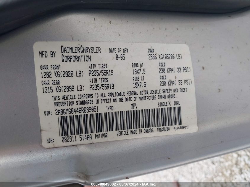 2006 Chrysler Pacifica Touring VIN: 2A8GM68446R639051 Lot: 40049002