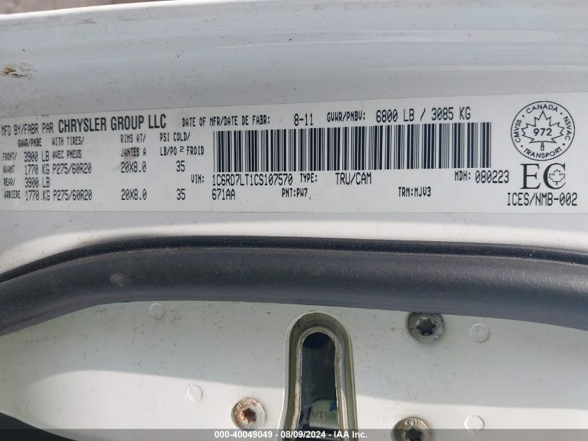 2012 Ram 1500 Slt VIN: 1C6RD7LT1CS107570 Lot: 40049049