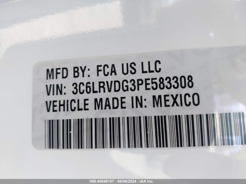 2023 Ram Promaster 2500 High Roof 159 Wb VIN: 3C6LRVDG3PE583308 Lot: 40049107