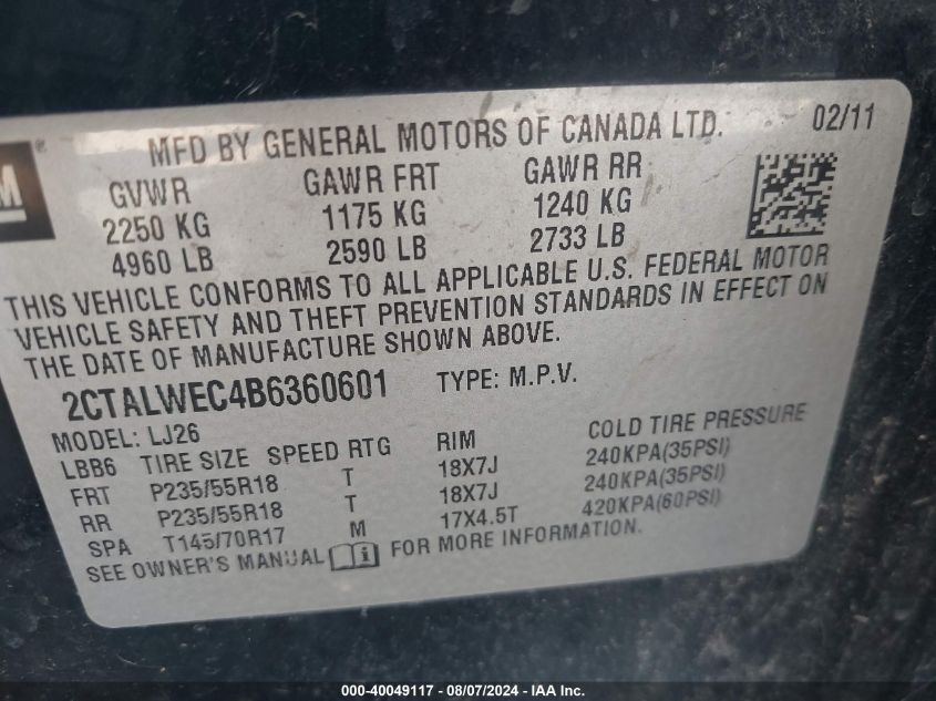 2011 GMC Terrain Slt-2 VIN: 2CTALWEC4B6360601 Lot: 40049117