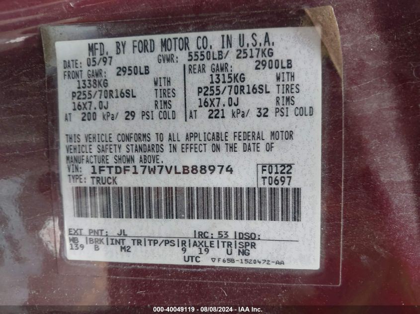 1997 Ford F-150 Lariat/Standard/Xl/Xlt VIN: 1FTDF17W7VLB88974 Lot: 40049119