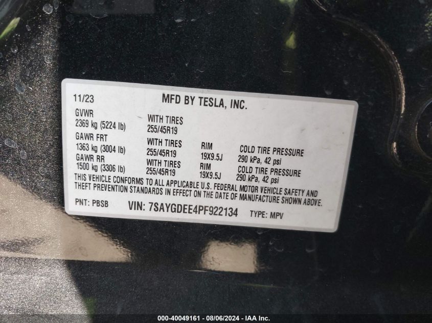 2023 TESLA MODEL Y AWD/LONG RANGE DUAL MOTOR ALL-WHEEL DRIVE - 7SAYGDEE4PF922134