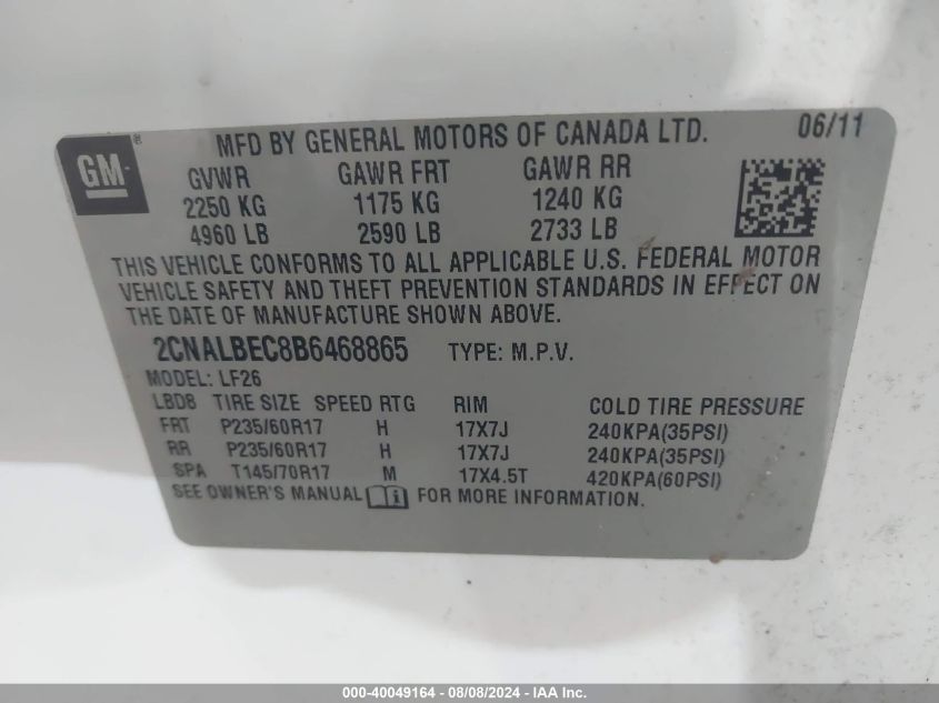 2011 Chevrolet Equinox Ls VIN: 2CNALBEC8B6468865 Lot: 40049164