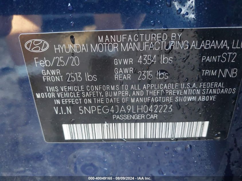 5NPEG4JA9LH042223 2020 Hyundai Sonata Se