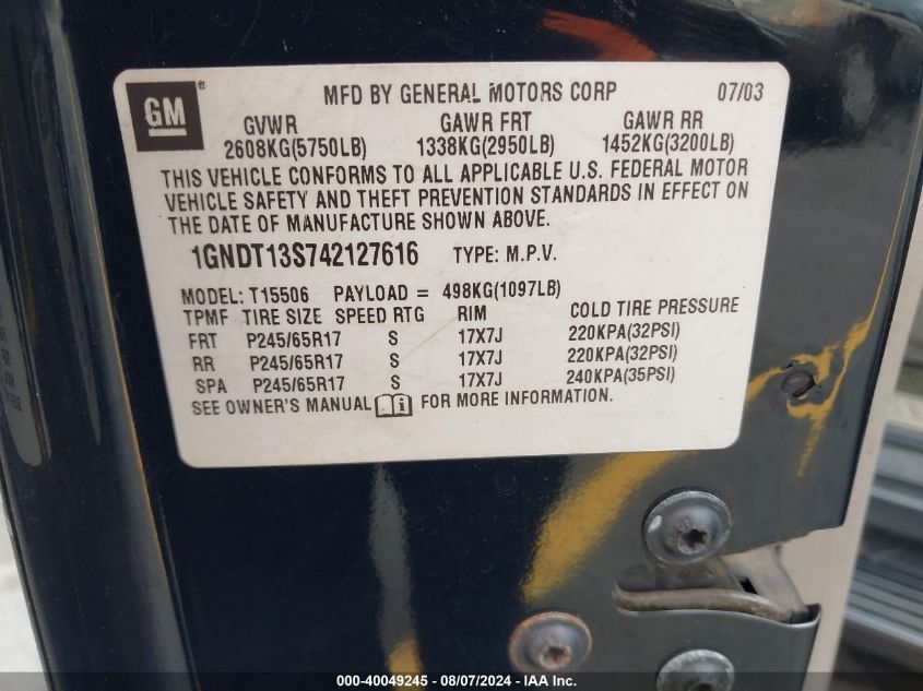 2004 Chevrolet Trailblazer Lt VIN: 1GNDT13S742127616 Lot: 40049245