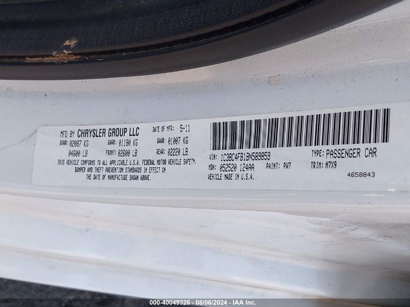 2011 Chrysler 200 Lx VIN: 1C3BC4FB1BN589859 Lot: 40049325