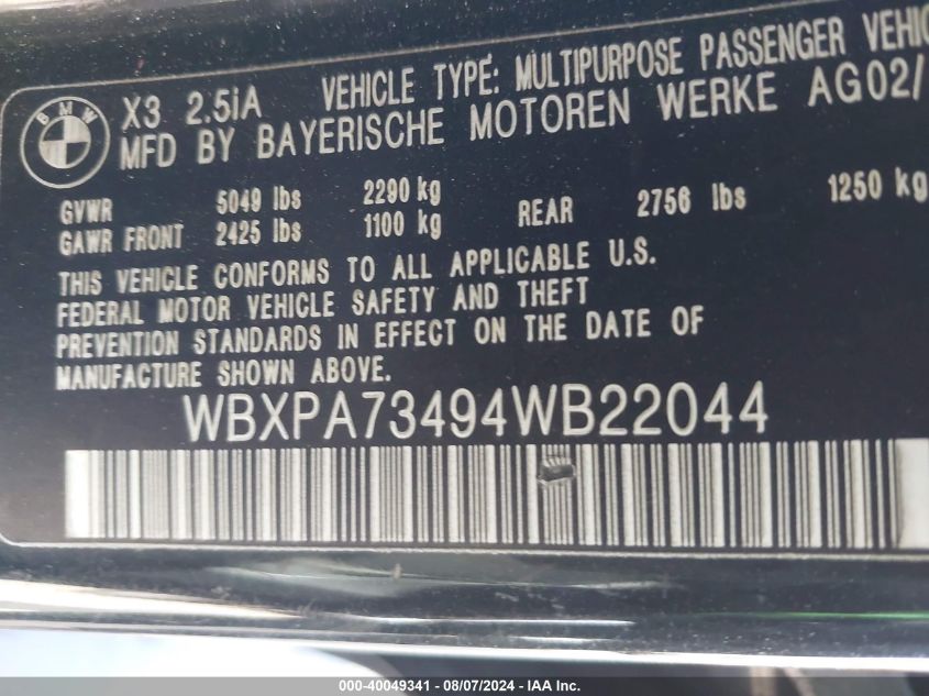 2004 BMW X3 2.5I VIN: WBXPA73494WB22044 Lot: 40049341