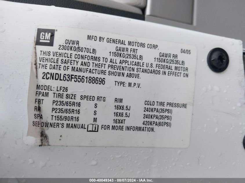 2005 Chevrolet Equinox Lt VIN: 2CNDL63F556188696 Lot: 40049343