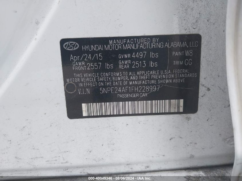 5NPE24AF1FH228997 | 2015 HYUNDAI SONATA