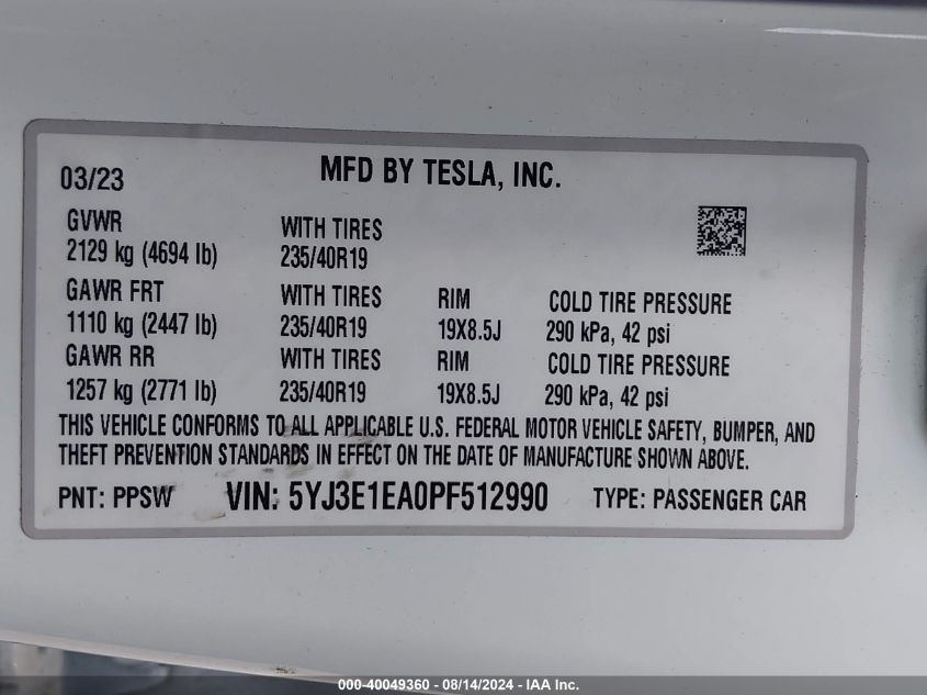 2023 Tesla Model 3 Rear-Wheel Drive VIN: 5YJ3E1EA0PF512990 Lot: 40049360