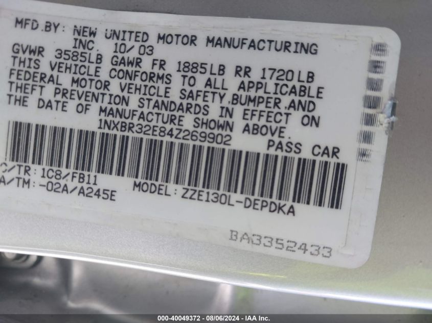 2004 Toyota Corolla Ce VIN: 1NXBR32E84Z269902 Lot: 40049372