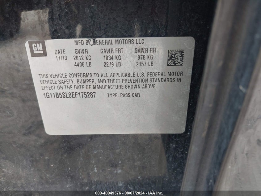2014 Chevrolet Malibu 1Ls VIN: 1G11B5SL8EF175287 Lot: 40049376