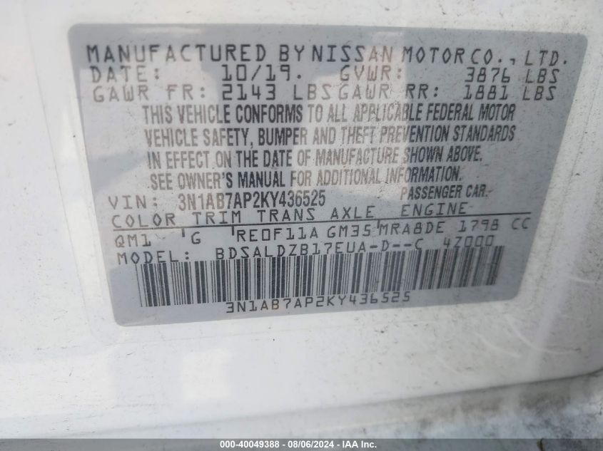 VIN 3N1AB7AP2KY436525 2019 NISSAN SENTRA SV