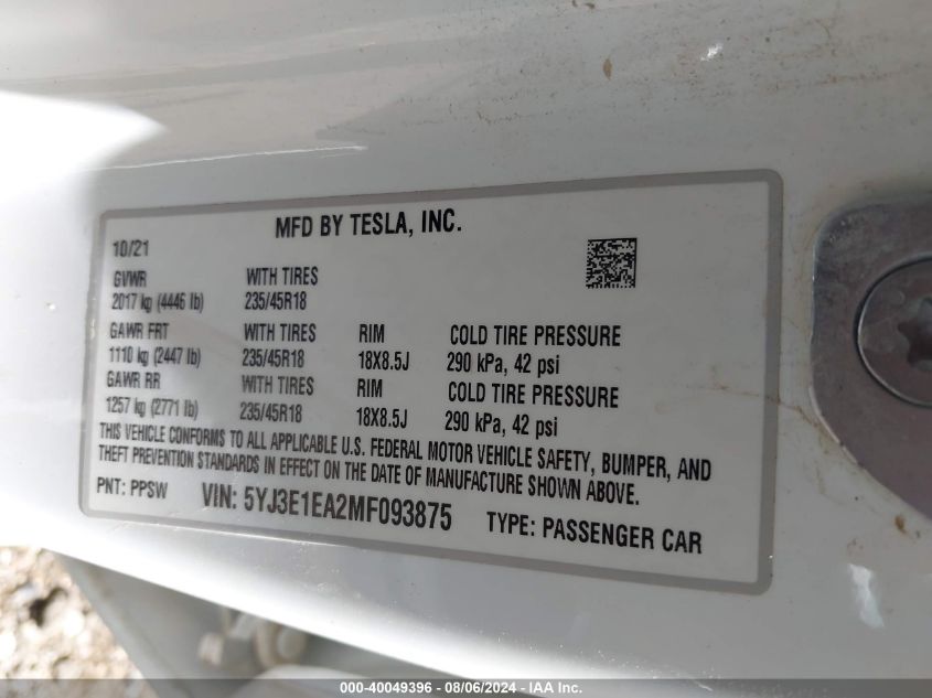 2021 Tesla Model 3 Standard Range Plus Rear-Wheel Drive VIN: 5YJ3E1EA2MF093875 Lot: 40049396