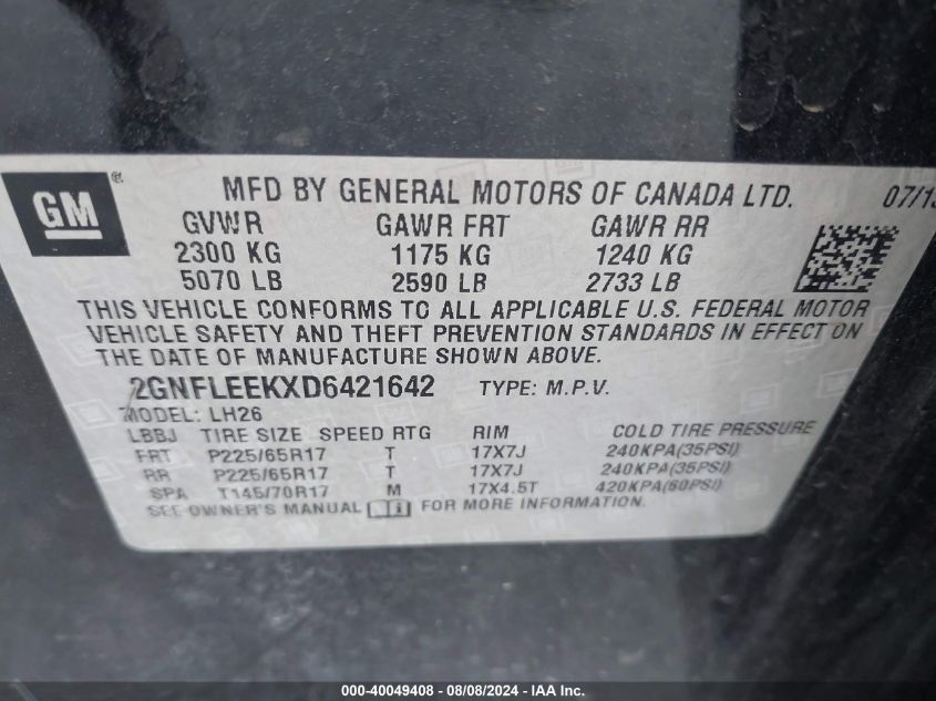 2013 Chevrolet Equinox 1Lt VIN: 2GNFLEEKXD6421642 Lot: 40049408