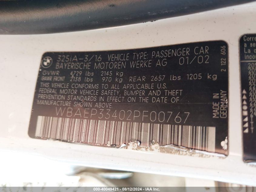 2002 BMW 325Xit Xit VIN: WBAEP33402PF00767 Lot: 40049421