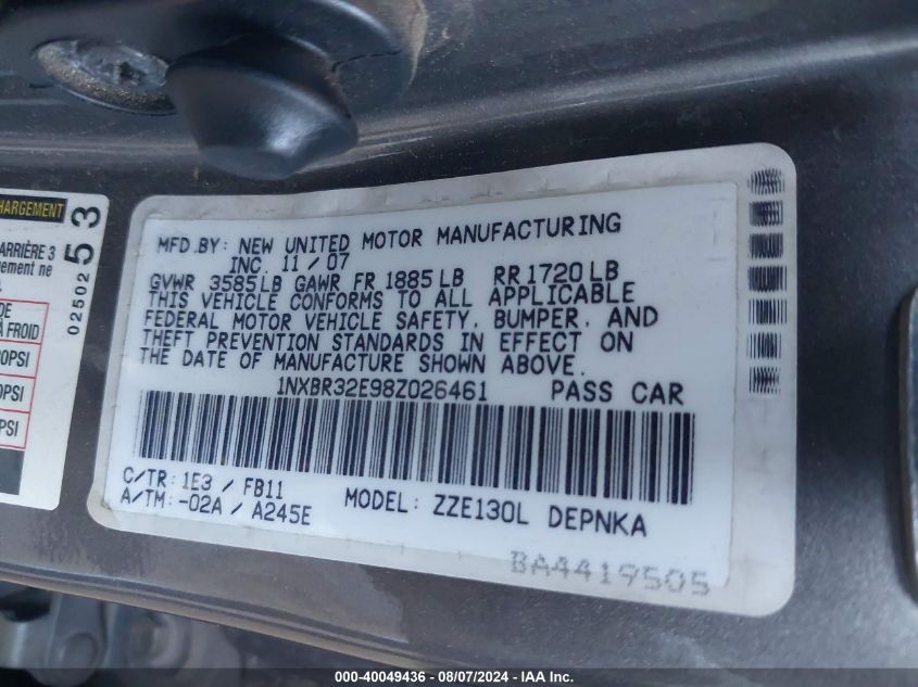 2008 Toyota Corolla Ce/Le/S VIN: 1NXBR32E98Z026461 Lot: 40049436