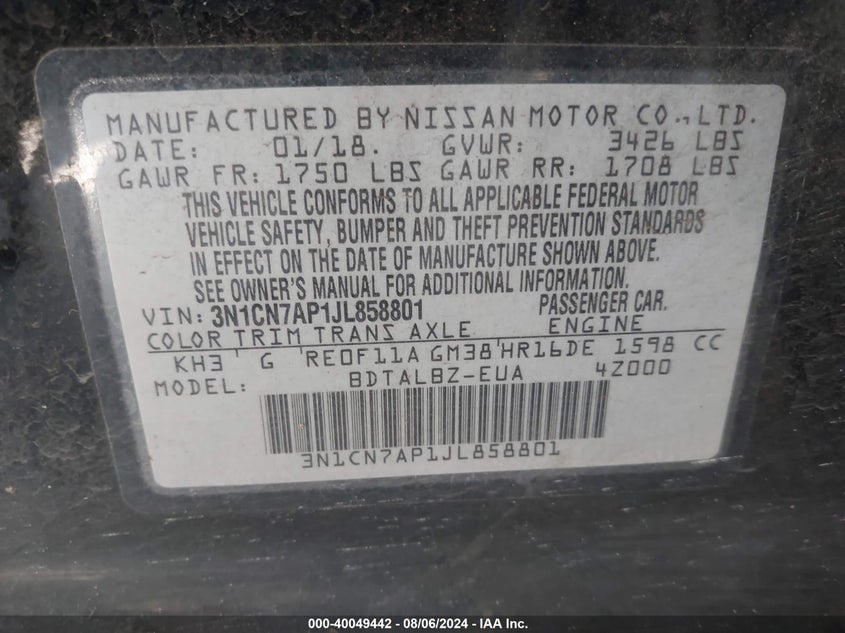 2018 Nissan Versa 1.6 Sv VIN: 3N1CN7AP1JL858801 Lot: 40049442