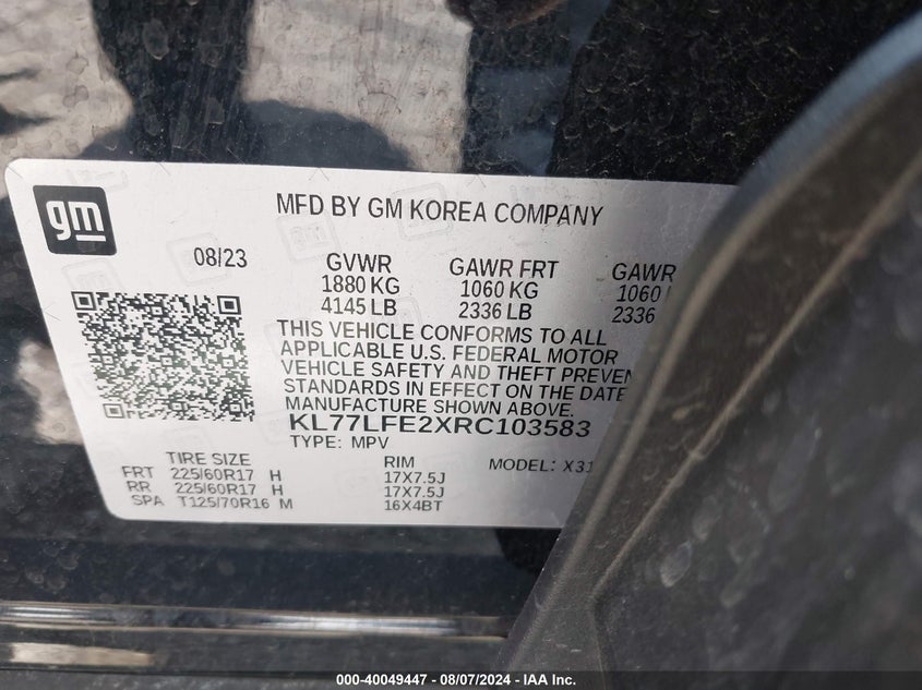 2024 CHEVROLET TRAX 1.2L I-3 DI, DOHC, V(VIN: KL77LFE2XRC103583