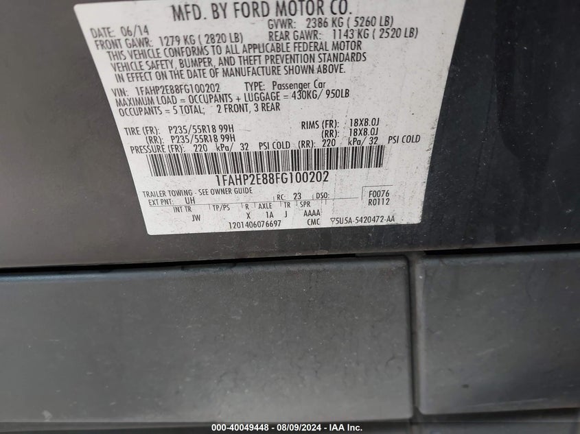 2015 FORD TAURUS SEL - 1FAHP2E88FG100202