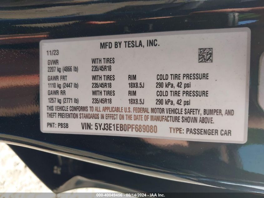 2023 Tesla Model 3 Long Range Dual Motor All-Wheel Drive VIN: 5YJ3E1EB0PF689080 Lot: 40049456