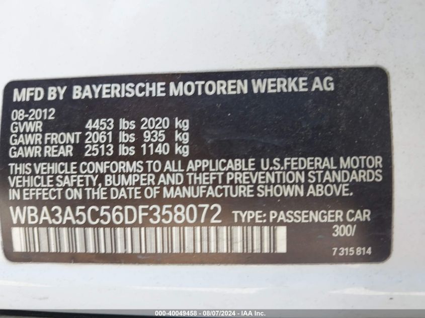 2013 BMW 328I VIN: WBA3A5C56DF358072 Lot: 40049458