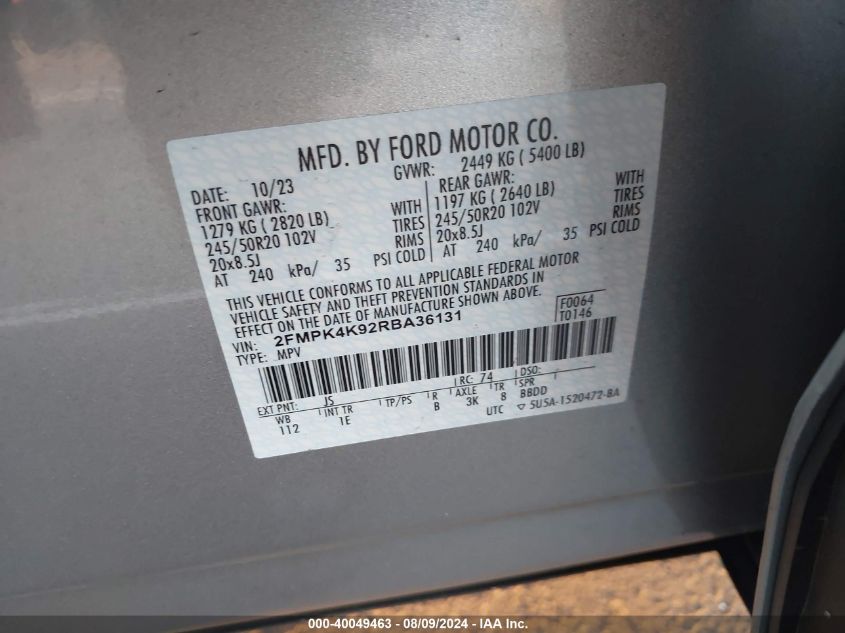 2024 Ford Edge Titanium VIN: 2FMPK4K92RBA36131 Lot: 40049463