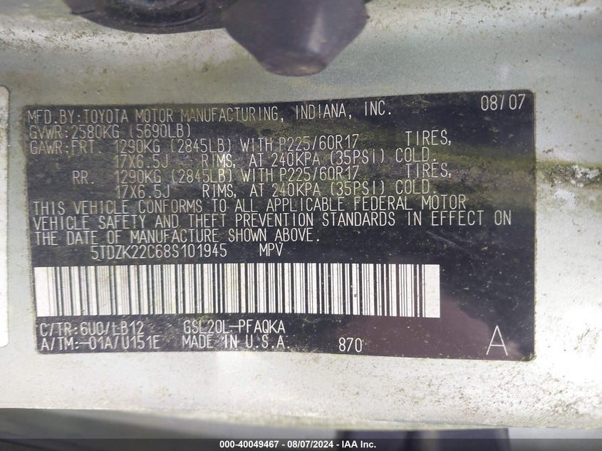 2008 Toyota Sienna Limited VIN: 5TDZK22C68S101945 Lot: 40049467