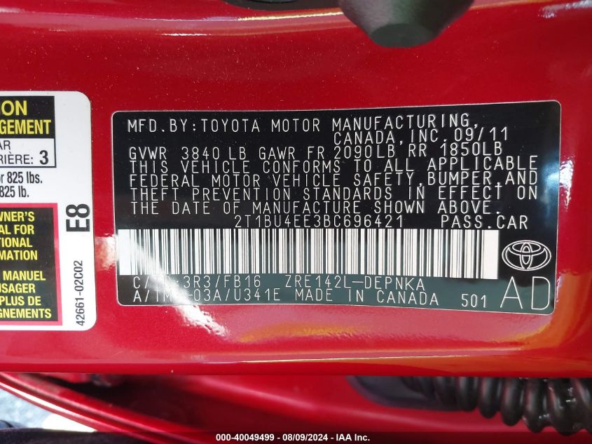 2011 Toyota Corolla Le VIN: 2T1BU4EE3BC696421 Lot: 40049499