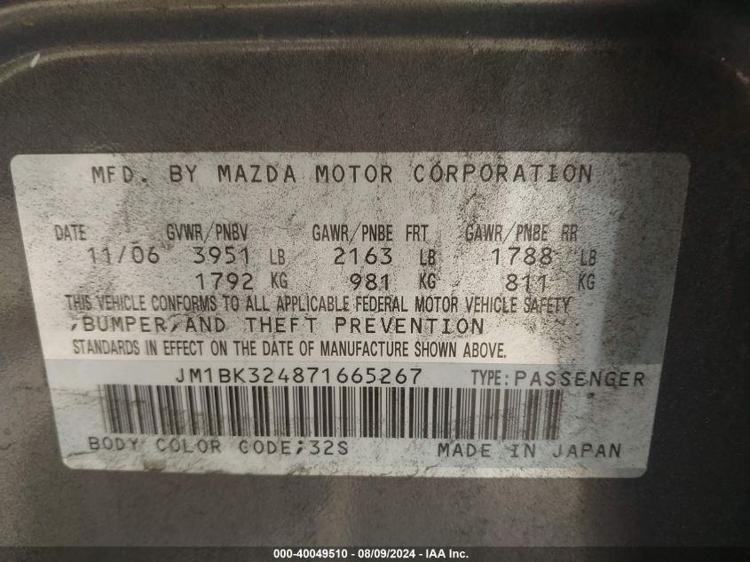 2007 Mazda 3 S VIN: JM1BK324871665267 Lot: 40049510