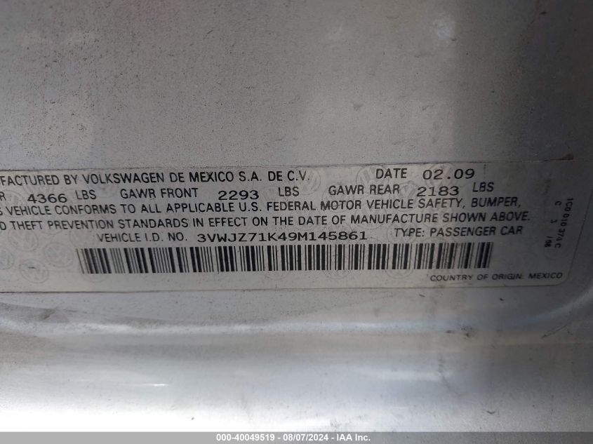 2009 Volkswagen Jetta S VIN: 3VWJZ71K49M145861 Lot: 40049519