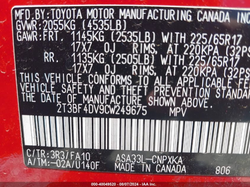 2012 TOYOTA RAV4 VIN: 2T3BF4DV9CW249675