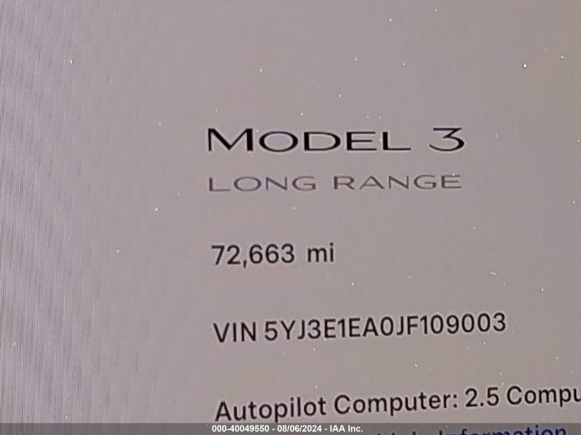 2018 Tesla Model 3 Long Range/Mid Range VIN: 5YJ3E1EA0JF109003 Lot: 40049550