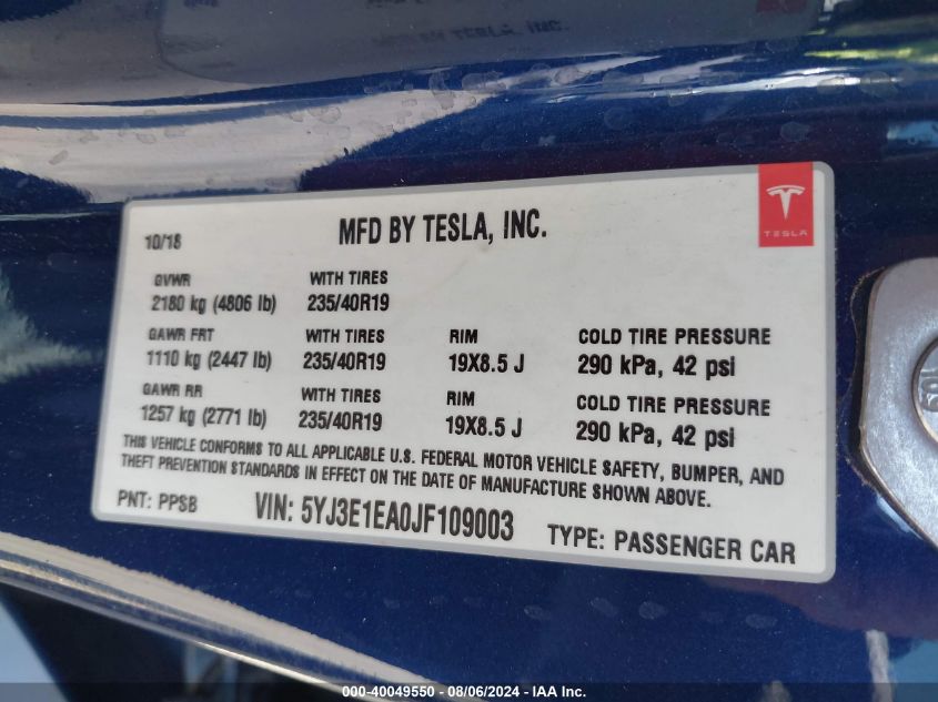 2018 Tesla Model 3 Long Range/Mid Range VIN: 5YJ3E1EA0JF109003 Lot: 40049550